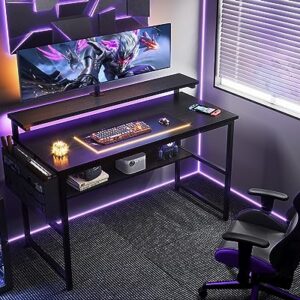 ODK Gaming Desk with Adjustable Monitor Stand (3.2", 4.3", 5.5"), 47 Inch Computer Desk with Storage Bag, Gamer Desk with Under-Desk Shelf, Simple Modern Style Laptop Desk for Small Space,Black