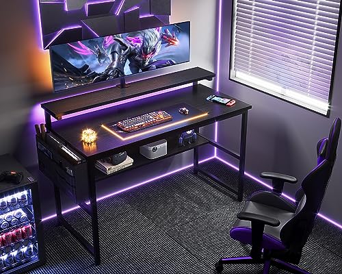 ODK Gaming Desk with Adjustable Monitor Stand (3.2", 4.3", 5.5"), 47 Inch Computer Desk with Storage Bag, Gamer Desk with Under-Desk Shelf, Simple Modern Style Laptop Desk for Small Space,Black