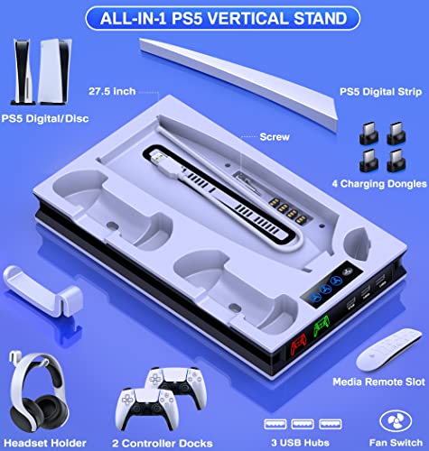 PS5 Stand with 3 Level Cooling Fan, Dual Fast PS5 Controller Charging Station Incl. 4 USB C Dongles, 3 USB Hubs, Headset Holder, Media Slot,PS5 Accessories PS5 Cooling Station for Sony P5 Digital/Disc
