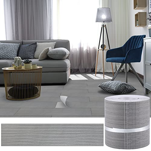 50 Pieces Peel and Stick Flooring Stickers 36 x 6 Inch Waterproof Floor Tiles Natural Grey Wood Grain DIY Self Adhesive Flooring Stickers for Living Room Bedroom Bathroom Kitchen Basement (Simple)