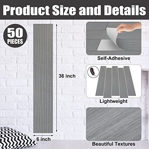 50 Pieces Peel and Stick Flooring Stickers 36 x 6 Inch Waterproof Floor Tiles Natural Grey Wood Grain DIY Self Adhesive Flooring Stickers for Living Room Bedroom Bathroom Kitchen Basement (Simple)