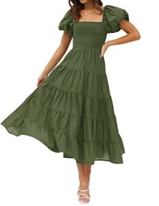 zesica women's 2023 summer square neck short puff sleeve solid color high waist casual smocked flowy a line tiered midi dress,armygreen,small