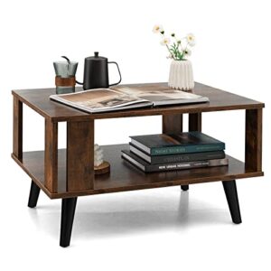 tangkula small coffee table for small space, 2-tier wooden center table with open storage shelf, side baffle, easy assembly, industrial side table for living room bedroom (rustic brown)