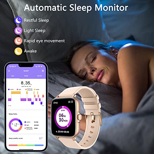 Smart Watch(Answer/Make Call) 1.7" Full-Touch Screen Smartwatch for Android & iOS Phones with Heart Rate & Sleep Monitor, Life Waterproof Activity Fitness Tracker Watch for Women Men & Kids, Gold