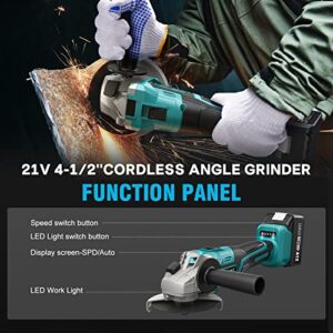 Cordless Angle Grinder, 21V Power Angle Grinder Tools with 2PCS 4.0Ah Batteries & Fast Charger,9000RPM Brushless Motor Metal Grinder, 4-1/2'' Cutting Wheels, Flap Disc for Cutting, Polishing