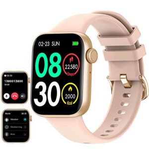 smart watch ２０２３ (answer make calls/voice control), 1.85‘’ screen fitness watches with 100+ sports blood oxygen heart rate sleep monitor, smartwatch for women men for android ios phones (gold)