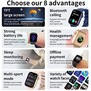 Smart Watch ２０２３ (Answer Make Calls/Voice Control), 1.85‘’ Screen Fitness Watches with 100+ Sports Blood Oxygen Heart Rate Sleep Monitor, SmartWatch for Women Men for Android iOS Phones (Gold)