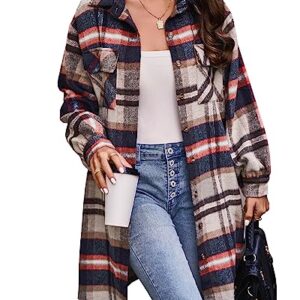 BTFBM Women's Corduroy Shacket Jacket Shirts Lapel Long Sleeve Oversized 2023 Fall Winter Button Down Shirt Dress Pocket(Plaid Khaki, Medium)