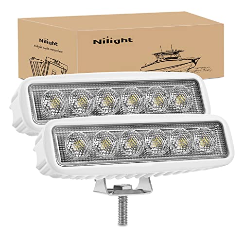 Nilight Marine Led Light Bar 2PCS 18w White 150° Flood Beams Ponton Boat Deck Dock Lights IP67 Waterproof for Night Fishing T-top Stern Yacht Kayak Port Sailboat, 2 Years Warranty