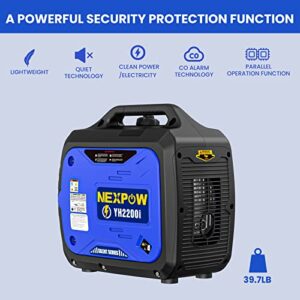 NEXPOW Portable Inverter Generator, 2250W Super Quiet Generator with CO Alarm Ideal,Eco-Mode Feature, Parallel Capability,EPA Compliant,and 5v/3A USB Outle,Lightweight For Backup Home Us& Camping