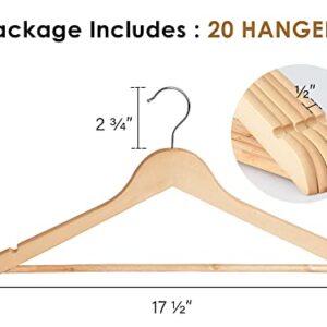StorageWorks Wooden Coat Hanger, 20 Pack Heavy Duty Clothes Hangers, Natural Wood Color, Natural Wood Hangers for Shirts, Jackets, Pants, Suits