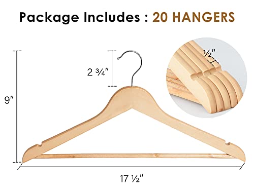 StorageWorks Wooden Coat Hanger, 20 Pack Heavy Duty Clothes Hangers, Natural Wood Color, Natural Wood Hangers for Shirts, Jackets, Pants, Suits