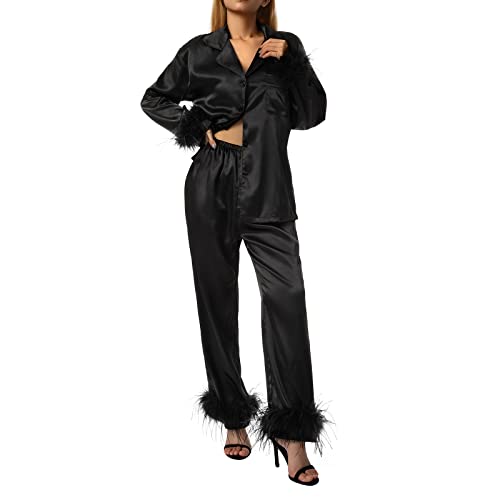 Womens Silk Satin Pajamas Loungewear Feather Decoration Two-piece Sleepwear Lapel Button-Down Pj Set (Black , L )