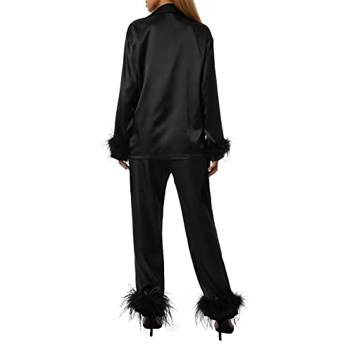 Womens Silk Satin Pajamas Loungewear Feather Decoration Two-piece Sleepwear Lapel Button-Down Pj Set (Black , L )