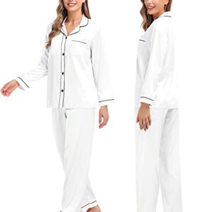 SWOMOG Womens Silk Satin Pajamas Set Two-piece Pj Sets Sleepwear Soft Loungewear Button-Down Pj Sets White