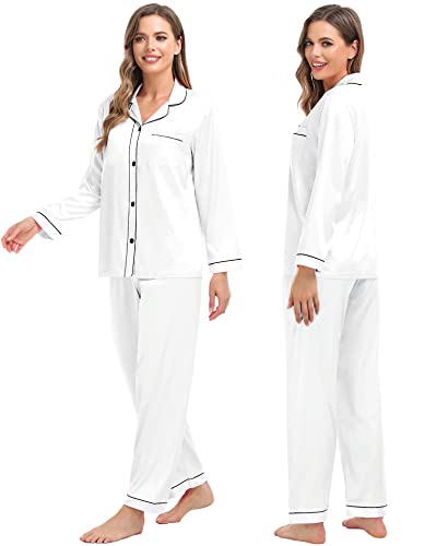 SWOMOG Womens Silk Satin Pajamas Set Two-piece Pj Sets Sleepwear Soft Loungewear Button-Down Pj Sets White