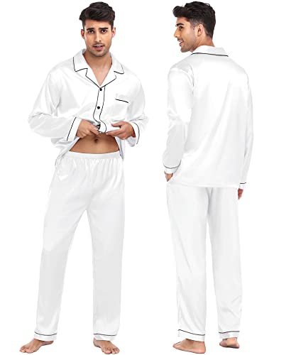 SWOMOG Womens Silk Satin Pajamas Set Two-piece Pj Sets Sleepwear Soft Loungewear Button-Down Pj Sets White