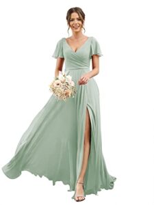 deamify modest v neck flutter sleeves bridesmaid dresses with pockets split pleats short sleeves sage green formal dress for women 10