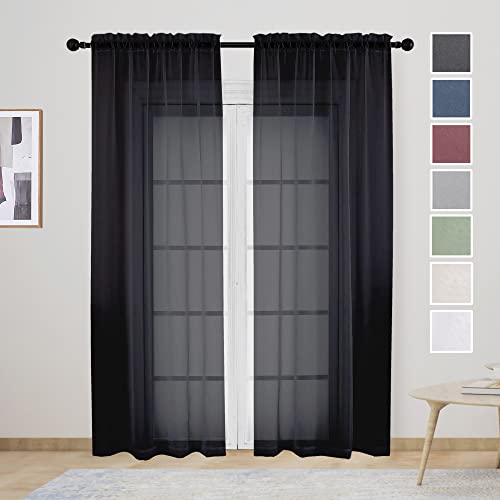 Lecloud Sheer Curtain Panels Set 84" Inches Long, Solid Voile Light Filtering Airy Curtains Window Treatment Drapes for Living Room, 2 Panels Elegant Bedroom Sheer Curtains, Black, 40" Wx84 L