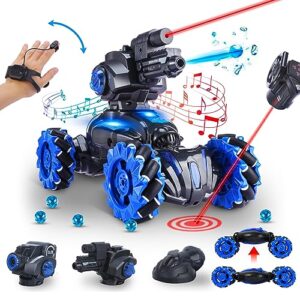 CXJ RC Tank Car, 3 Turret Remote Control Car, RC Tank That Shoots Water Bullets, 4WD RC Stunt Car with Chase Light Control, Bubble, Spray, 360°Rotating, LEDs Music, Toy Gifts for 8-12 Boys Kids