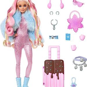 Barbie Extra Fly Doll with Snow-Themed Travel Clothes & Accessories, Sparkly Pink Jumpsuit & Faux Fur Coat