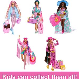 Barbie Extra Fly Doll with Snow-Themed Travel Clothes & Accessories, Sparkly Pink Jumpsuit & Faux Fur Coat