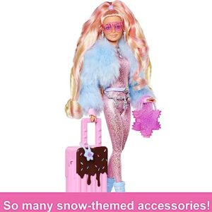 Barbie Extra Fly Doll with Snow-Themed Travel Clothes & Accessories, Sparkly Pink Jumpsuit & Faux Fur Coat