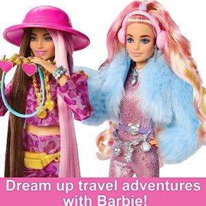 Barbie Extra Fly Doll with Snow-Themed Travel Clothes & Accessories, Sparkly Pink Jumpsuit & Faux Fur Coat