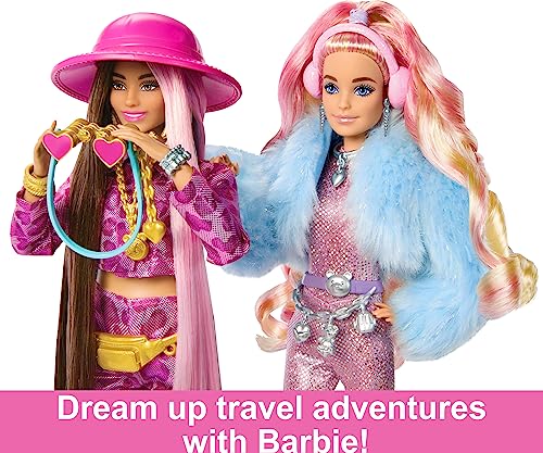 Barbie Extra Fly Doll with Snow-Themed Travel Clothes & Accessories, Sparkly Pink Jumpsuit & Faux Fur Coat