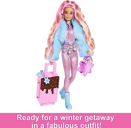 Barbie Extra Fly Doll with Snow-Themed Travel Clothes & Accessories, Sparkly Pink Jumpsuit & Faux Fur Coat