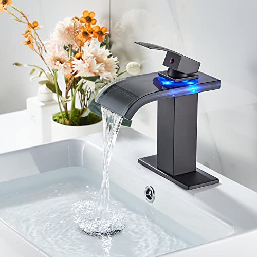 LOOPAN LED Bathroom Sink Faucet 1 Hole Waterfall Single Handle Faucet Black Glass Spout with Pop Up Drain Single Hole Bath Vanity Faucets for Sinks 2 Water Supply Lines