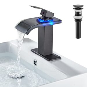 loopan led bathroom sink faucet 1 hole waterfall single handle faucet black glass spout with pop up drain single hole bath vanity faucets for sinks 2 water supply lines