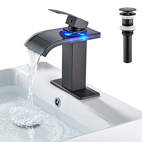 LOOPAN LED Bathroom Sink Faucet 1 Hole Waterfall Single Handle Faucet Black Glass Spout with Pop Up Drain Single Hole Bath Vanity Faucets for Sinks 2 Water Supply Lines