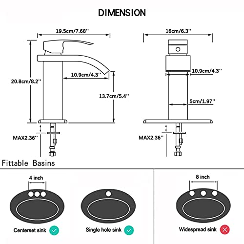 LOOPAN LED Bathroom Sink Faucet 1 Hole Waterfall Single Handle Faucet Black Glass Spout with Pop Up Drain Single Hole Bath Vanity Faucets for Sinks 2 Water Supply Lines