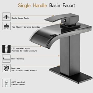 LOOPAN LED Bathroom Sink Faucet 1 Hole Waterfall Single Handle Faucet Black Glass Spout with Pop Up Drain Single Hole Bath Vanity Faucets for Sinks 2 Water Supply Lines