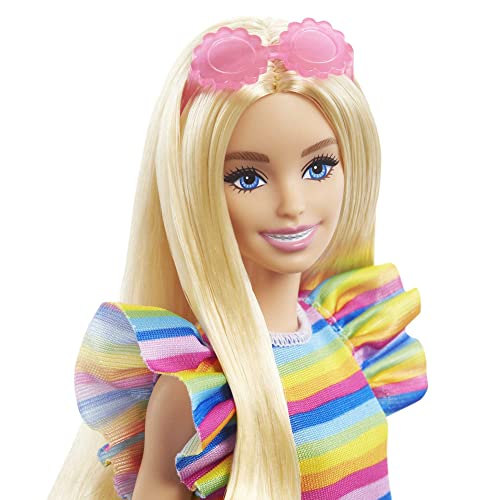 Barbie Doll, Kids Toys and Gifts, Blonde with Braces and Rainbow Dress, Fashionistas, Clothes and Accessories