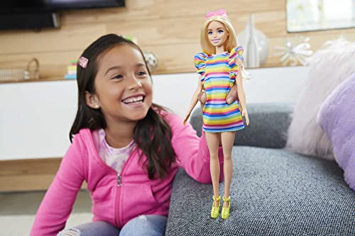 Barbie Doll, Kids Toys and Gifts, Blonde with Braces and Rainbow Dress, Fashionistas, Clothes and Accessories