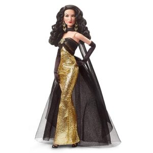 collector barbie signature doll, maría félix wearing elegant, glimmering gold and black gown with ornate jewelry, barbie tribute collection