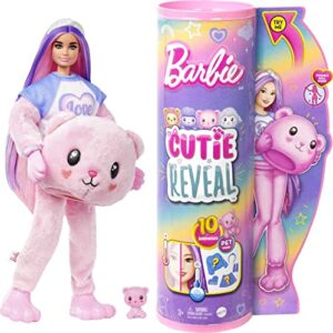barbie cutie reveal doll with pink hair & teddy bear costume, 10 suprises include accessories & pet (styles may vary)