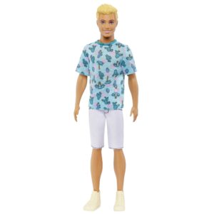 barbie fashionistas ken fashion doll #211 with blonde hair, blue cactus tee, white shorts and sneakers
