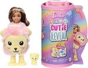barbie cutie reveal chelsea doll & accessories, lion plush costume & 6 surprises including color change, cozy cute tees series