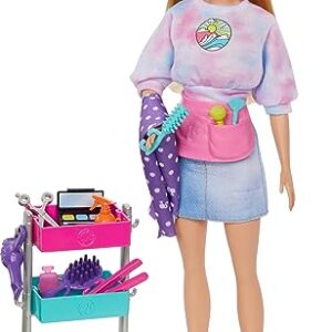 Barbie On-set Stylist Doll & 14 Accessories, Blonde Malibu Fashion Doll with Cart, Smock, Makeup Palette, Puppy & More