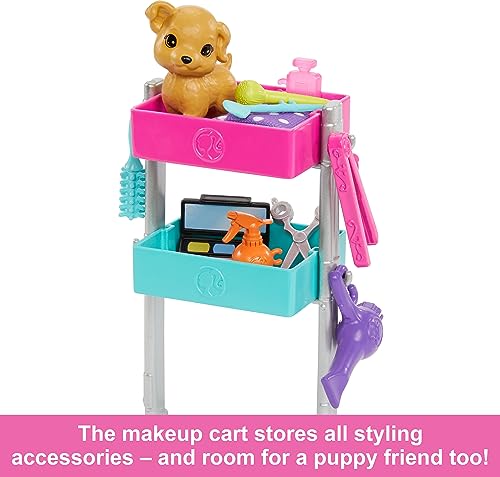 Barbie On-set Stylist Doll & 14 Accessories, Blonde Malibu Fashion Doll with Cart, Smock, Makeup Palette, Puppy & More