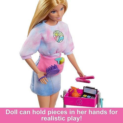 Barbie On-set Stylist Doll & 14 Accessories, Blonde Malibu Fashion Doll with Cart, Smock, Makeup Palette, Puppy & More