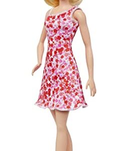 Barbie Fashionistas Doll #205 with Blond Ponytail, Wearing Pink and Red Floral Dress, Platform Sandals and Hoop Earrings