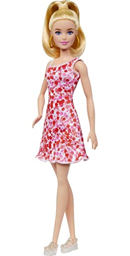 Barbie Fashionistas Doll #205 with Blond Ponytail, Wearing Pink and Red Floral Dress, Platform Sandals and Hoop Earrings