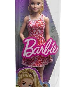 Barbie Fashionistas Doll #205 with Blond Ponytail, Wearing Pink and Red Floral Dress, Platform Sandals and Hoop Earrings