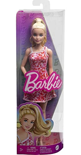 Barbie Fashionistas Doll #205 with Blond Ponytail, Wearing Pink and Red Floral Dress, Platform Sandals and Hoop Earrings