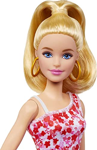 Barbie Fashionistas Doll #205 with Blond Ponytail, Wearing Pink and Red Floral Dress, Platform Sandals and Hoop Earrings