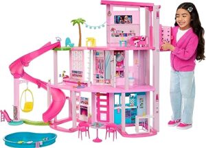 barbie dreamhouse 2023, pool party doll house with 75+ pieces and 3-story slide, barbie house playset, pet elevator and puppy play areas​